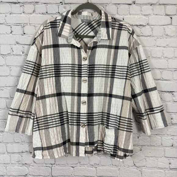 Habitat Windowpane Plaid Boxy Shirt Top Womens XL Lagenlook Asymmetrical Blouse - Picture 1 of 11